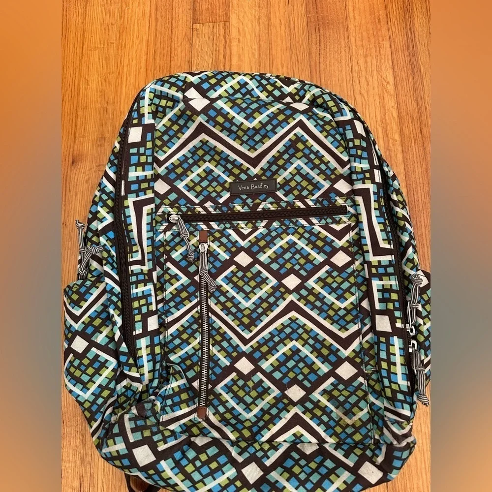 Vera Bradley Bright Green Blue Brown Geometric laptop Nylon Canvas Backpack